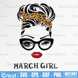 march girl svg, woman with glasses svg printable, girl with leopard plaid bandana design, blink eyes png, march svg, png