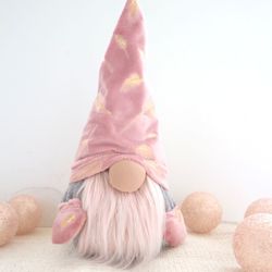 Pink and gold plush gnome stuffed doll