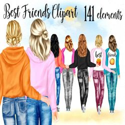 best friends clipart: "jeans hoodie girls" bff clipart customizable clipart custom besties fashion best friends sublimat