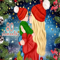 christmas clipart: "christmas family clipart" mom and child christmas scenery my first christmas matching sweaters mom w