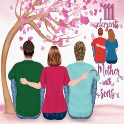 Mother and children clipart: "MOTHER AND SON" Family clipart Mother's day clipart Customizable clipart Sublimation desig