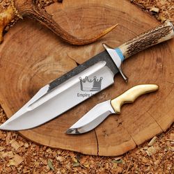 Set Of 2 Handmade High Carbon Steel Camping Bowie, Cowboy Bowie Fixed Knife, Outdoor Knife, With Sheath, Camping Knife