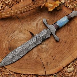 Blade Smith Stunning Handmade Damascus Steel Double Edge Hunting Dagger Knife With Sheath, Fixed Blade Knife, Gut Hook