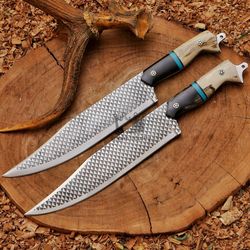 Set Of 2 Handmade High Carbon Steel Chef Knife, Cowboy Knife, Fixed Knife, Outdoor Knife, With Sheath, Camping Knife