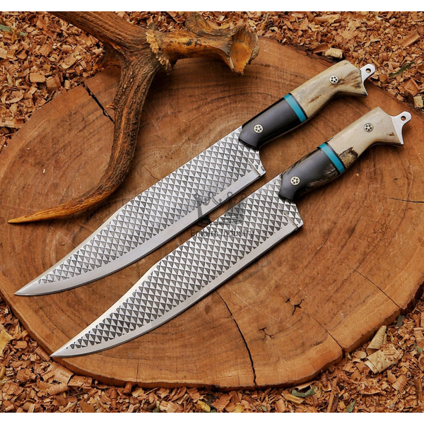 Set Of 2 Handmade High Carbon Steel Chef Knife, Cowboy Knife, Fixed Knife,  Outdoor Knife, With Sheath, Camping Knife