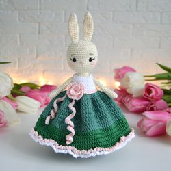 DIY PDF crochet amigurumi pattern Candy the Bunny, crochet bunny doll with clothes, bunny in dress tutorial