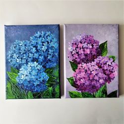 Set of 2 Hydrangea Acrylic Painting Flower Artwork - Floral Art