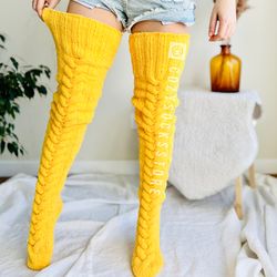 Yellow Fleece Thigh High Socks, Socks Plus Size, Fuzzy Socks, Custom Underwear, Sexy Stockings, Gift For Her