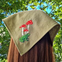 cute frog/ mushroom embroidered bandana green/ triangle head scarf/ hair kerchief/ forestcore/ cottagecore/ y2k fashion.