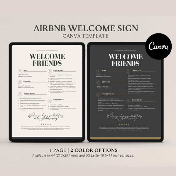Editable Welcome Sign template for Airbnb VRBO Hosts, 2 colors, House Rules, Wi-Fi, Check-Out Info, Vacation Rental (1).jpg