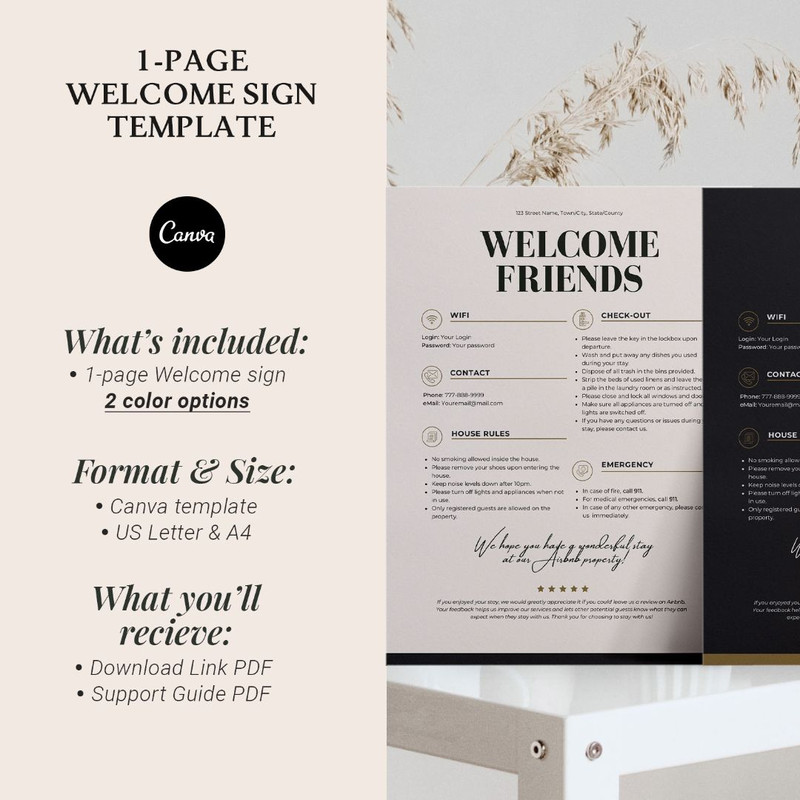 Editable Welcome Sign template for Airbnb VRBO Hosts, 2 colors, House Rules, Wi-Fi, Check-Out Info, Vacation Rental (3).jpg