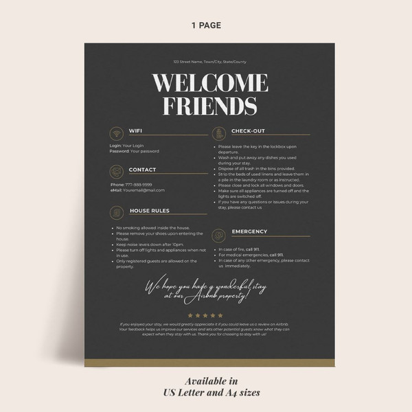 Editable Welcome Sign template for Airbnb VRBO Hosts, 2 colors, House Rules, Wi-Fi, Check-Out Info, Vacation Rental (6).jpg