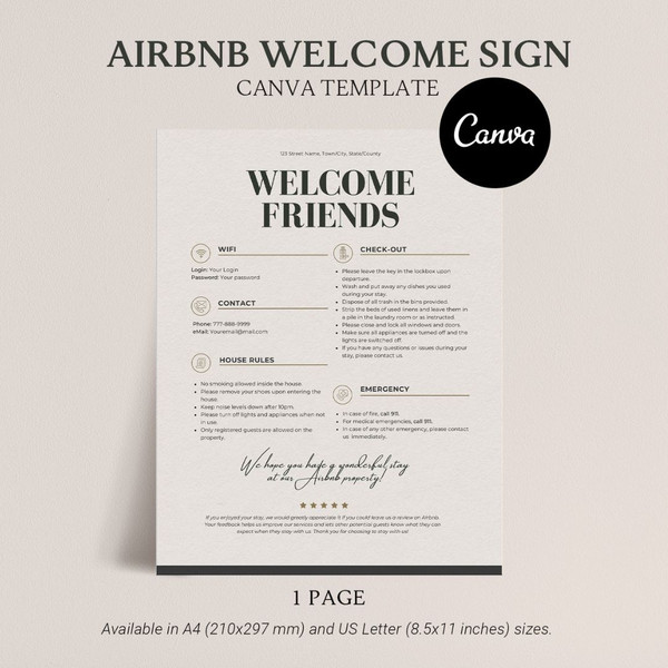 One-Page Welcome Sign for Airbnb or VRBO Hosts House Rules, Wi-Fi, Check-Out Info, Vacation Rental Decor, Editable (2).jpg