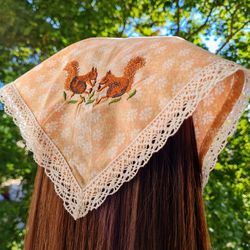 squirrel bandana embroidered / triangle head scarf with lace/ hair kerchief/ forestcore/ cottagecore/ y2k fashion.