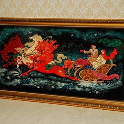 Three horses lacquer Wall Art canvas Framed Hand painted Russian box art