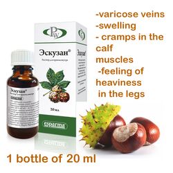 Aescusan venous disease, cramps in the legs. Effective, made of horse chestnut, 1 bottle x20 ml for hemorrhoid, varicose