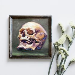 Horror Painting Original Skull Artwork Oil On Panel Framed Death Wall Art Skeleton Home Decor