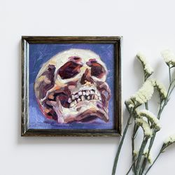 Death Painting Original Horror Artwork Oil On Panel Framed Skull Wall Art Skeleton Home Decor