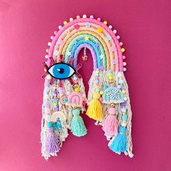 Pastel rainbow wall hanging, Macrame rainbow with evil eye, Mother day gift, Boho home decor, Cute nursery decor