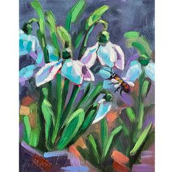 Snowdrops Bee Wild Flowers Painting Original Wild Flowers Artwork Oil On Panel 8x10 Inch Spring Floral Wall Art