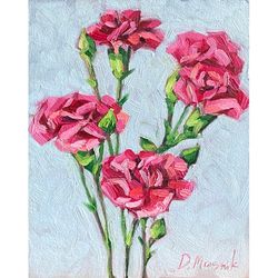 Spring Flowers Painting Original Carnations Artwork Oil On Panel 8x10 Inch Floral Wall Art