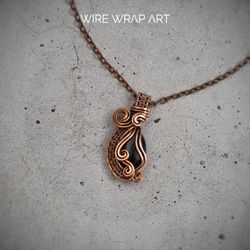 Small pendant this natural black onyx Unique copper wire wrapped gemstone necklace Gift for yourself Handmade jewelry