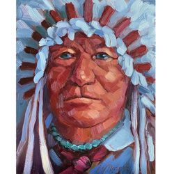 Native American Painting Historical Male Portrait Artwork Oil On Panel 8x10 Inch Wall Art