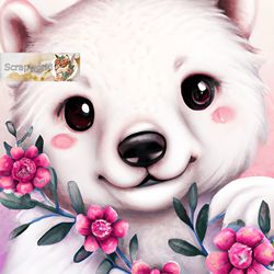 White bear illustration with pink flowers-3