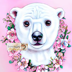 White bear illustration with pink flowers-4