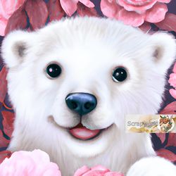 White bear illustration with pink flowers-5