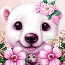 White bear illustration with pink flowers-6