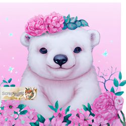 White bear illustration with pink flowers-7