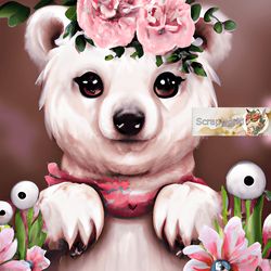 White bear illustration with pink flowers-16