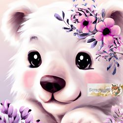 White bear illustration with pink flowers-17