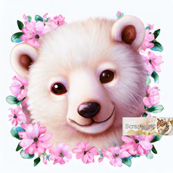 White bear illustration with pink flowers-18
