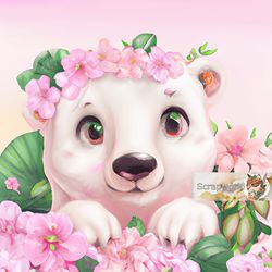 White bear illustration with pink flowers-19