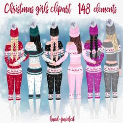 Christmas Girls Clipart: "BEST FRIEND CLIPART" Winter girls Christmas Mug design Customizable clipart Bff clipart Matchi