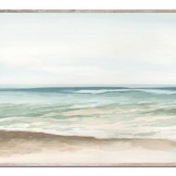 Panoramic Coastal Landscape Print Beach Watercolor Painting Neutral Minimalist Seascape Wall Art Light Aqua Blue Green