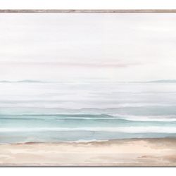 Large Coastal Landscape Art Print Beach Watercolor Painting Neutral Minimalist Seascape Wall Art Light Aqua Blue Beige