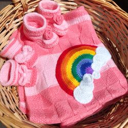Pink rainbow baby blanket, Crochet baby girl blanket and booties, Gift set for baby girl