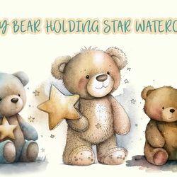 Teddy Bear Holding Star Watercolor