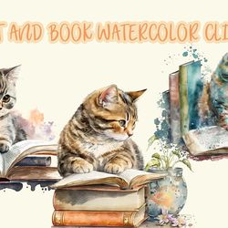 Cat And Book Watercolor Clipart