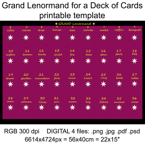 Grand Lenormand for a deck on cards Printable template 4 files PNG PDF JPG PSD