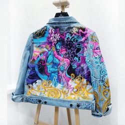 woman denim jacket, hand painted jeans jacket, unique designer personalized pattern, custom clothing, wearable art