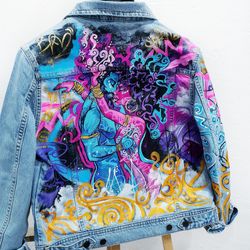 hand painted unisex jacket, fabric painted jean jacket, denim jacket, designer art, wearable art,custom clothes