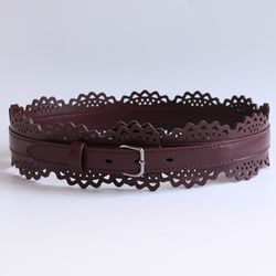 Genuine leather belt 27.5" (70 cm).Width 2,3"(6cm).Wide leather belt in burgundy. Handmade.