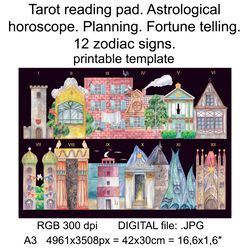 Tarot reading pad Astrological horoscope Planning Fortune telling 12 zodiac signs Printable template JPEG 300dpi RGB