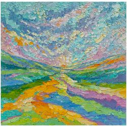 sunrise painting abstract landscape original art impressionist art impasto painting 24"x24" by kseniadeartgallery