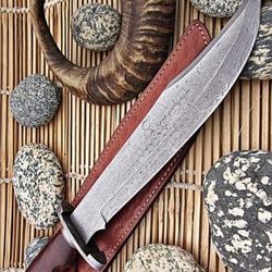 14-Inch Hand Forged Damascus Steel Tactical Knife with Dark Wood Handle