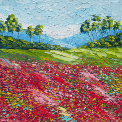 Red Poppies Painting Landscape Original Art Impressionist Art Impasto Painting Field Paintng 20"x20" by Ksenia De